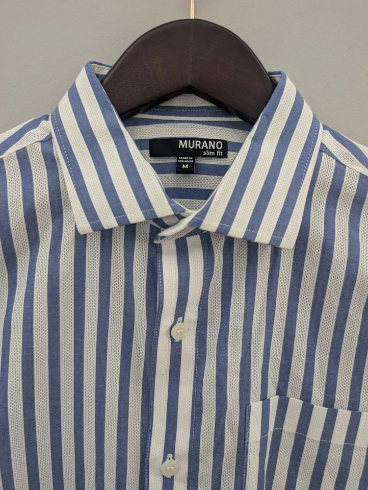Camisa de Murano para hombre talla mediana calce ajustado camisa abotonada manga larga azul blanco Foto 2 de 4