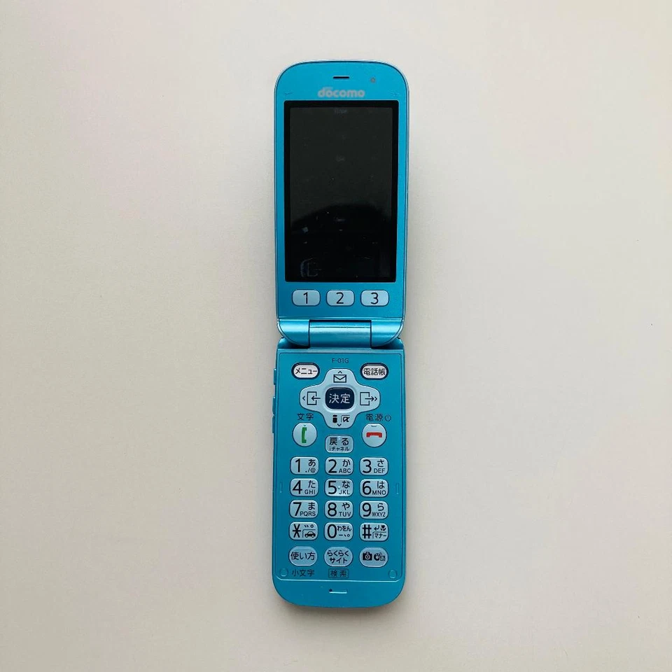 Teléfono celular japonés Fujitsu F-01G Raku-Raku Basic 4 azul abatible Docomo usado Foto 4 de 4