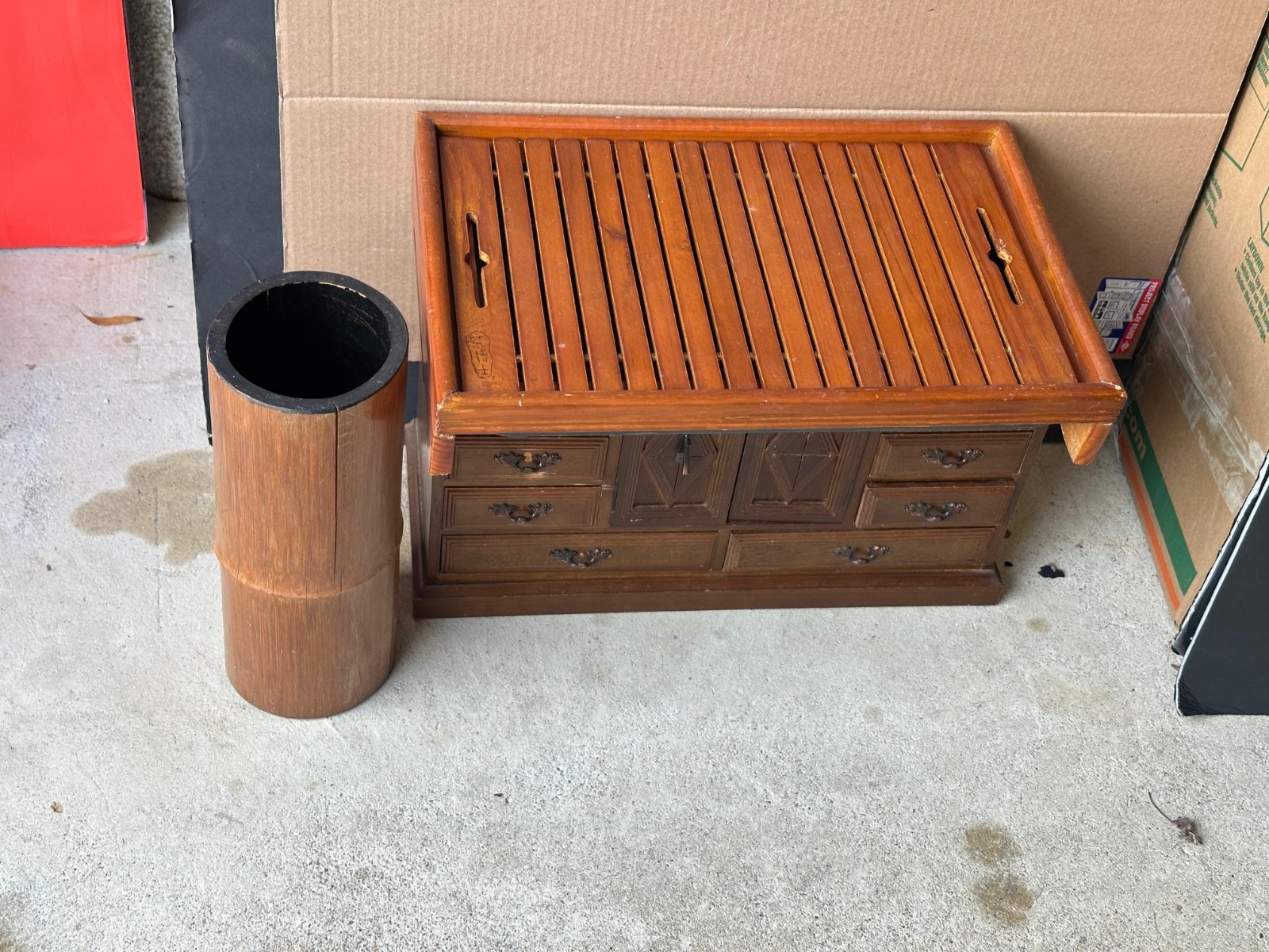 Vintage Chinese-Style Bamboo Gongfu Tea Tray & Brush Pot Holder Set