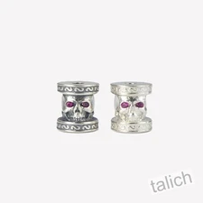 925 Sterling Silver Skull Pink CZ Eyes Ornate Scroll Barrel Bead Gothic Unique