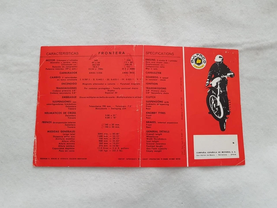 BULTACO FRONTERA Motorcycle Sales Spec Leaflet c1974 #B5085774 BILINGUAL TEXT - image 2 of 2