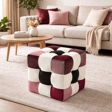 Pink & Burgundy Patchwork Ottoman Pouf – Modern Footstool & Decorative Stool