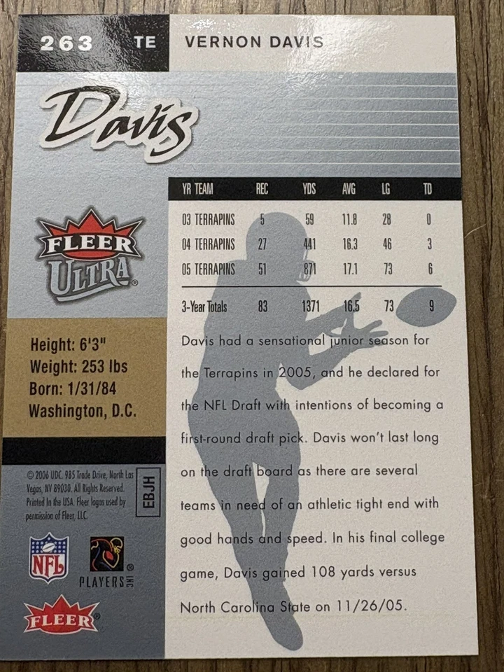 🔥🔥 2006 Fleer Ultra Rookie Platinum Vernon Davis (RC)  #39/99 Maryland Terps - Image 3 of 3