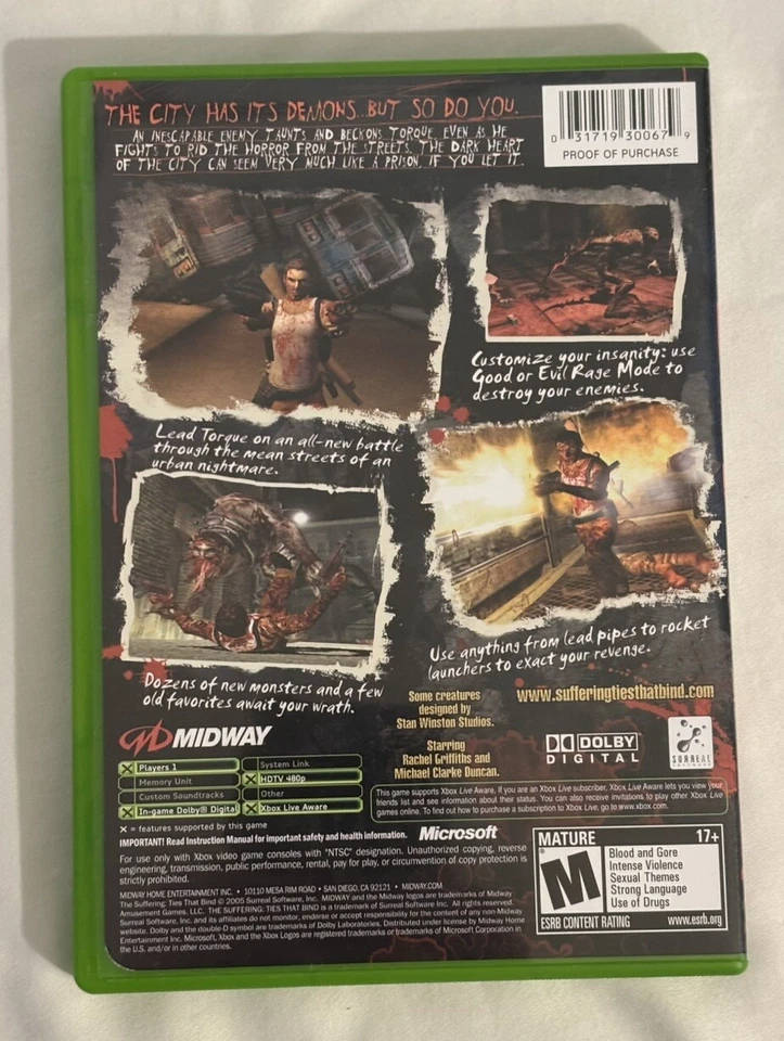 Suffering: Ties That Bind (Microsoft Xbox, 2005) - CIB - Disc Resurfaced - Image 2 of 4