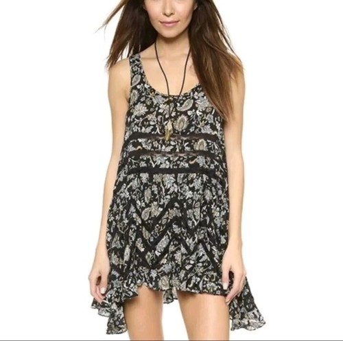 Intimately Free People Paisley Lace Inset Trapeze Dress Boho Asymmetric Hem SM