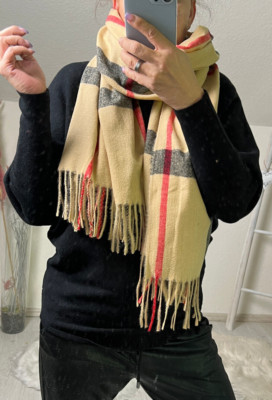 XXL blogger kuschel Viskose Wolle Mix Schal gelb schwarz Plaid Fransen Stola