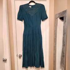 Sz 6 KATHIE LEE Vintage Drop-Waist Soutache Pearl Detail Bodice Teal Tea-Length