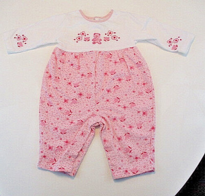 MINIWEAR Romper Girls Sz 6-9 mos Pink White L/S One-piece Outfit Flowers Bear
