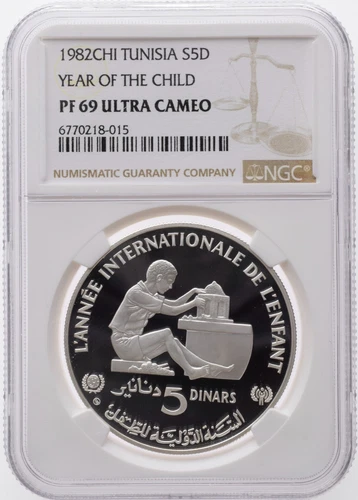 Silver Proof Coin 1982 Year Of The Child Tunisia 5 Dinars NGC PF69 Ultra Cameo