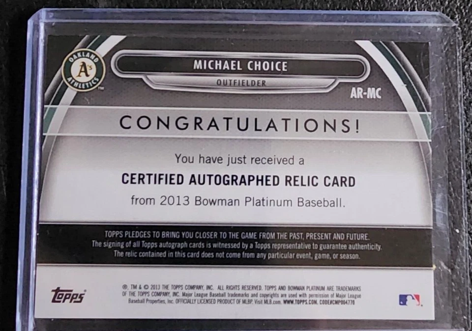Michael Choice 2013 Bowman Platinum Blue Auto Athletics 155/199 - Image 2 of 2