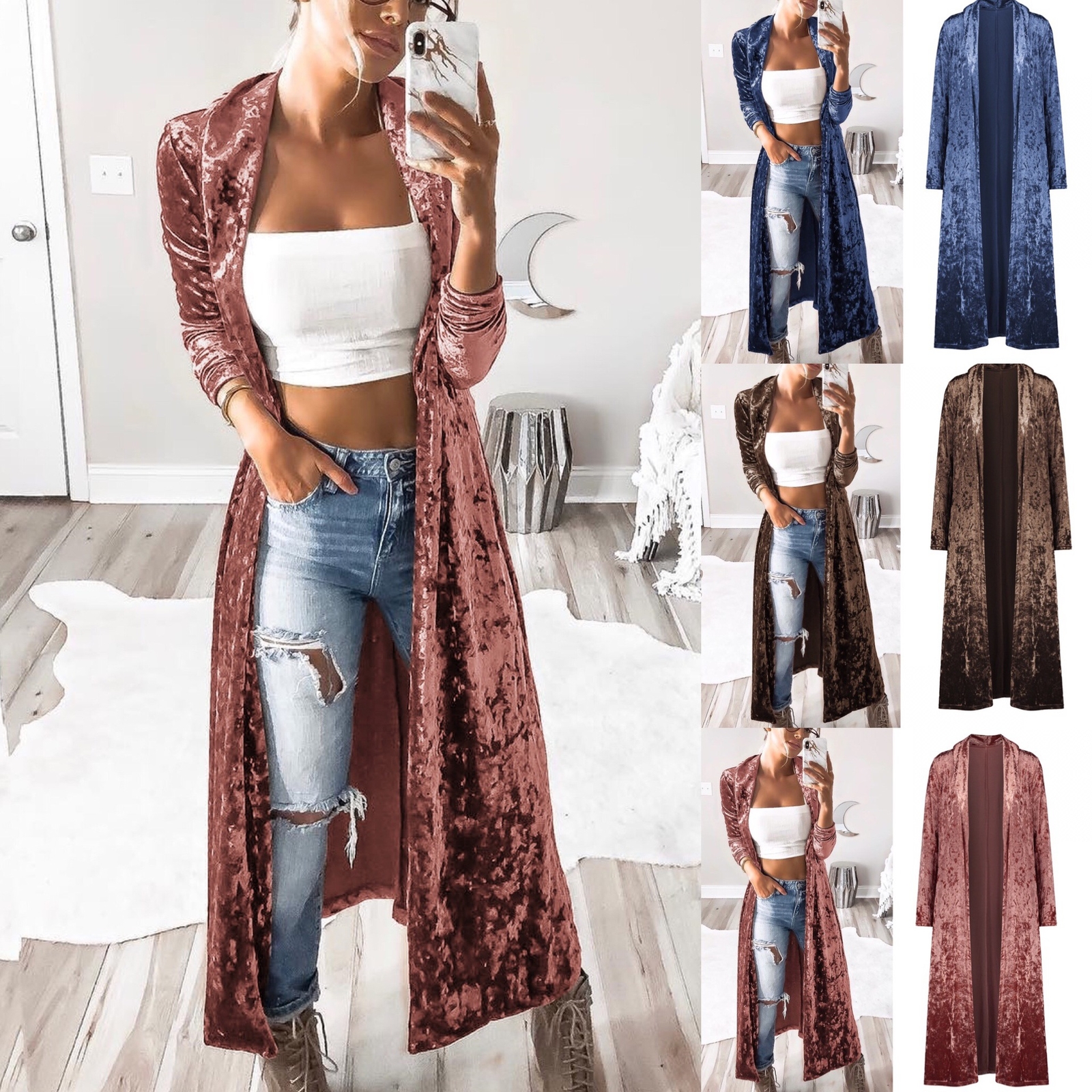 ALTRA Maxi giacca casual donna velluto cascata cardigans Duster giacca casual cappotto