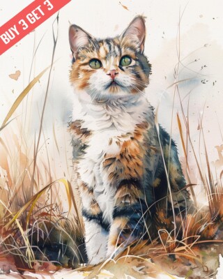 Manx Cat Watercolor Painting Print 8x10