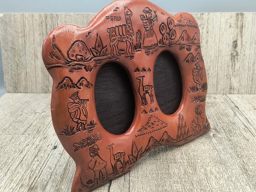 Leather Wrapped Wooden Owl Face Dual 4x6 Photo Frame Peru - Picture 7 of 9
