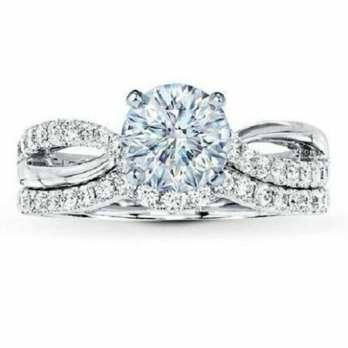 Conjunto de anel de noivado redondo 3,10 quilates criado em laboratório água-marinha ouro branco 14k no tamanho 7 - Imagem 2 de 3