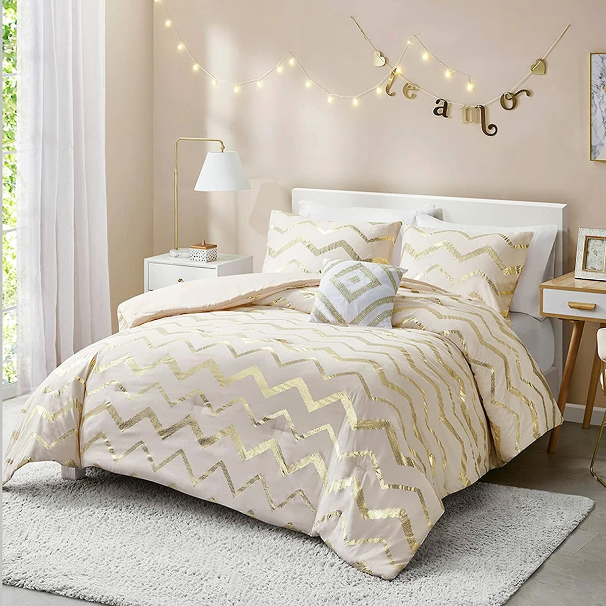 Codi Metallic Print Ivory and Gold Comforter Set for Full Queen Size Bed Cute