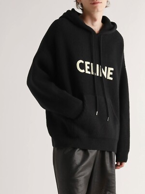 CELINE 関税込 hooded sweater in ribbed wool Authentic CELINE HOODED SWEATER IN RIBBED WOOL BLACK XS SIZE