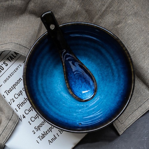 Cuchara de sopa de cerámica azul esmaltado sopa doméstica mango corto vajilla herramienta - Imagen 4 de 6