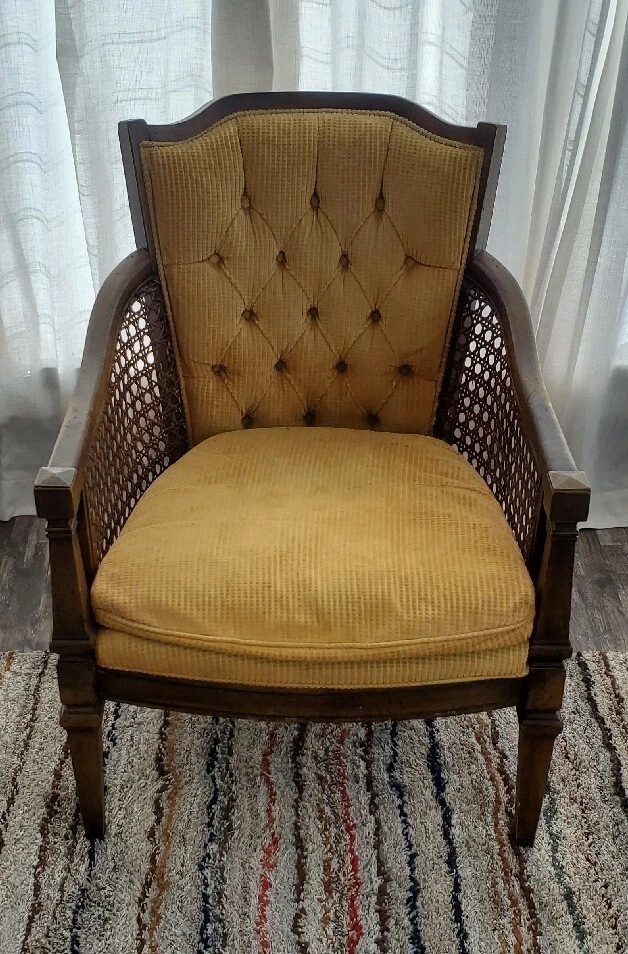 Mid 20th Century Lewittes Tufted yellow gold Velvet Cane Parlor Chair