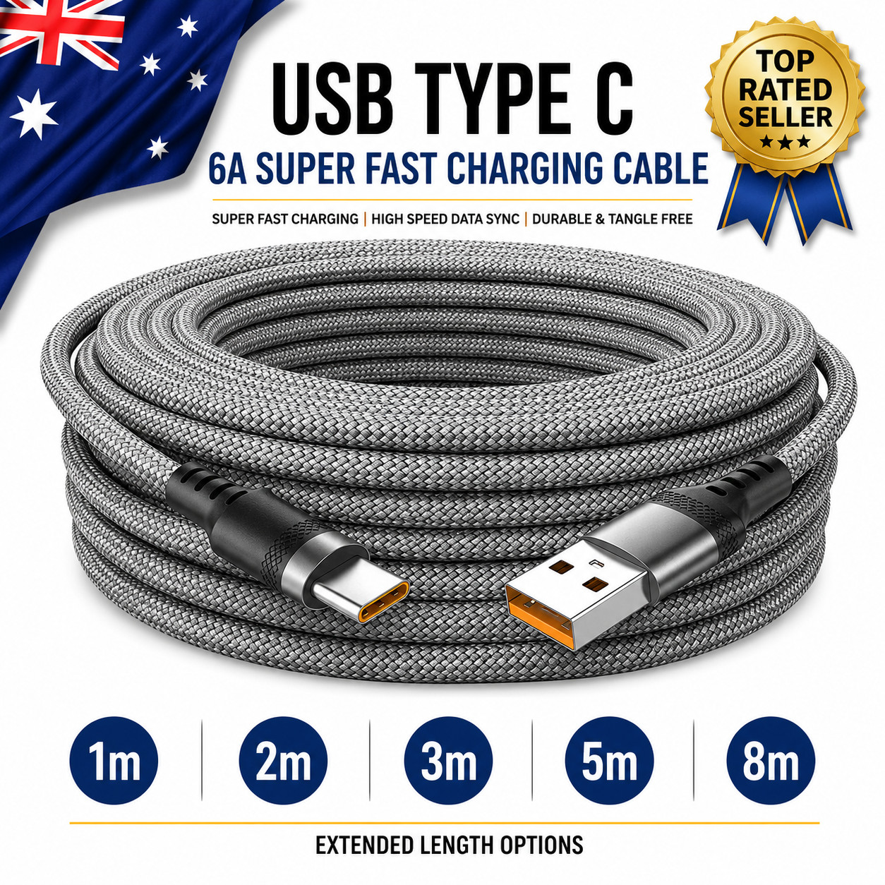 USB Type C 6A Super Fast Charging Cable Extended 1m 2m 3m 5m 8-Meter Cable