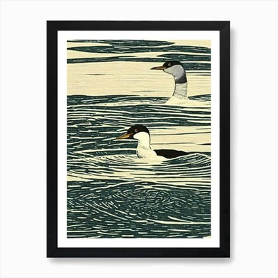 Loon 2 Linolschnitt Vogel Kunstdruck gerahmt Wandbild Poster Leinwanddruck Bild