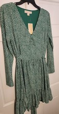 Michael Kors Green Leopard Print V-neck Long Sleeve Mini Dress L