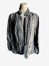 Chico  s Open Front Blazer Ruffle Trim LINEN Size 2 Woman 12 Blue Chambray