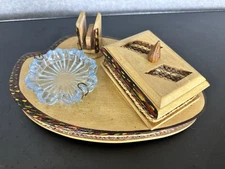 Vintage Handcrafted Wooden Cigar Smoking Set w/ Glass Ashtray Folk Art 1950s