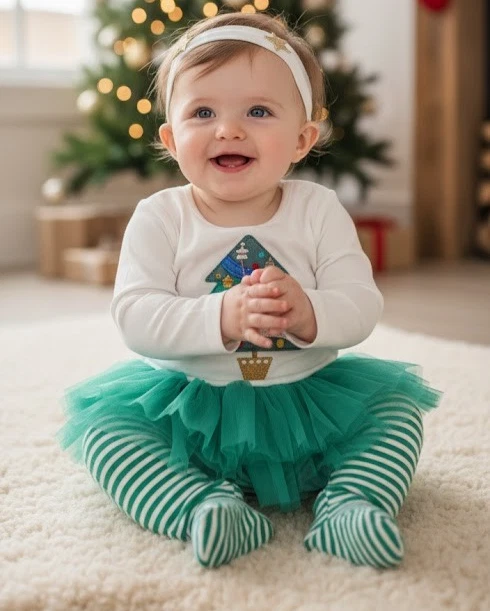 Bebé Niñas Navidad Mameluco Conjunto Cuidado Materno Diadema Tutú Festivo Conjunto de 3 Piezas Foto 2 de 4