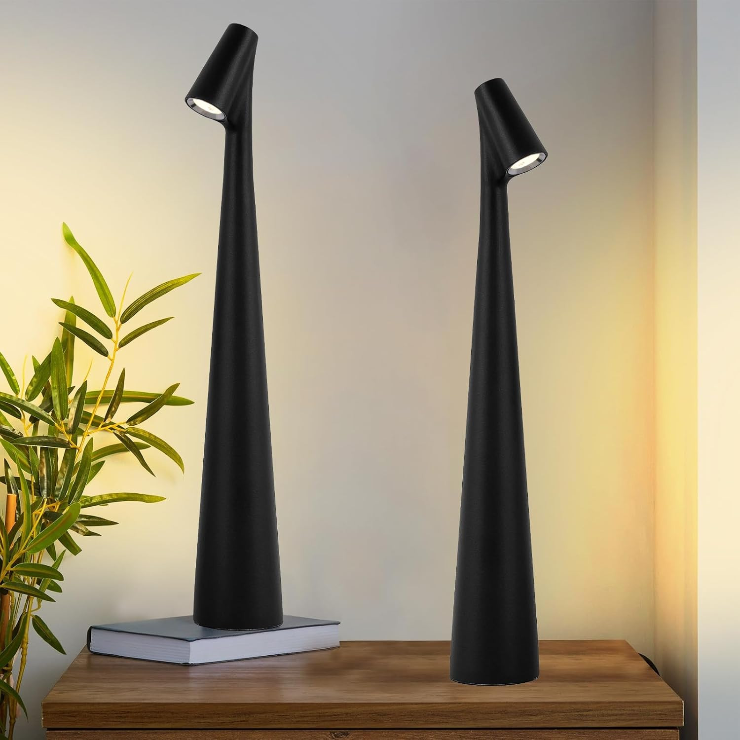 Set of 2 Black Cordless Rechargeable Table Lamps with 3 Brightness Levels