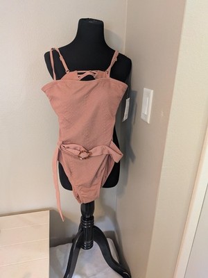 Time & Tru  Pink Textured Swimsuit Straps & Belted Waist Sz. S (4-6) New w/Tags