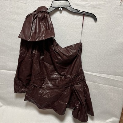 Womens One Shoulder Puff Sleeve Peplum Top Faux Leather Bow Burgundy L Glam Chic