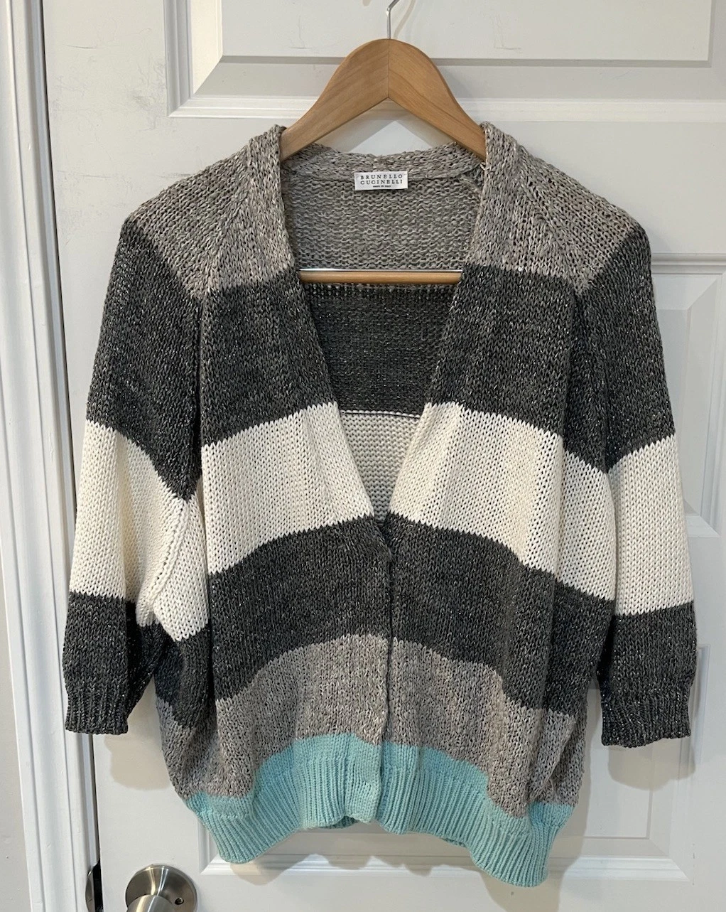 Brunello Cucinelli — BRUNELLO CUCINELLI Large Linen Silk Cardigan Sweater Striped Gray Mint Italy