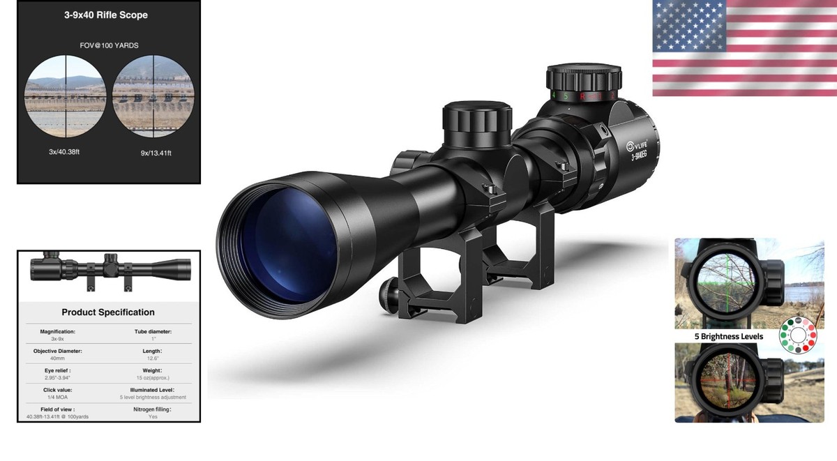 3-9x40 Illuminated Rifle Scope with Red & Green Reticle - Perfect