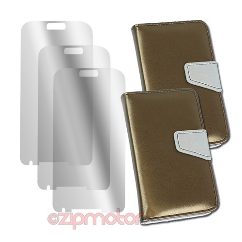 2X WALLET CASE COVER+SCREEN PROTECTOR STAND PU LEATHER GOLD GALAXY S IV S4 I9500