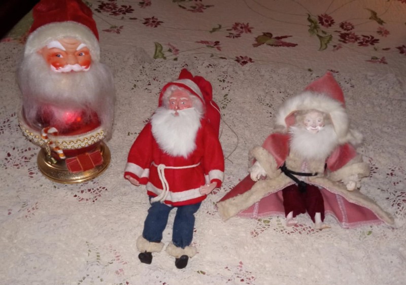 1 vintage 60's music box santa   2 handmade clay face Santas all 3 11" tall