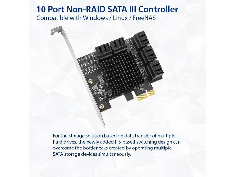 10 Port SATA III to PCIe 3.0 x1 Non-RAID Expansion Card JMB582 Low Profile Br... - Image 2 of 4