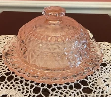 Vintage Buttons And Bows PINK Depression Glass COVERED BUTTER DISH CANDY DISH