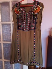 Biba Women's Sleeveless Dress Embroidered Bodice Lined In Thames Green 12