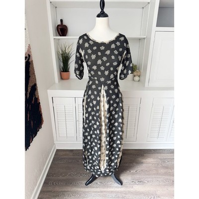 Vintage Jane Mohr Dress to Kill Black Floral Dot Pleated Patchwork Maxi Dress