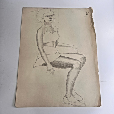 Art Portrait Charcoal  Female seated Sketch 1948 Expressionism study MID CENTURY