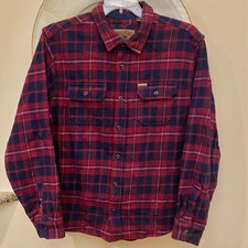 Orvis Heavyweight Flannel Shirt Men XL Red Gray Plaid Hand Pockets Lumberjack