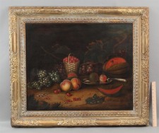  19thC Antique American Folk Art Fruit & Fly Still Life Canvas Oil Painting, NR