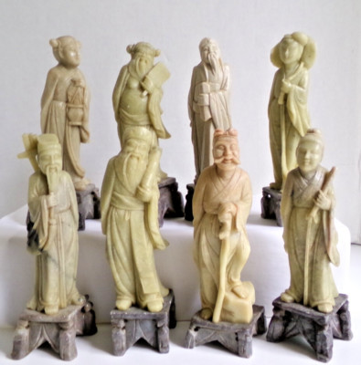 Vintage 8 Chinese Soapstone Immortals in Taoist Pantheon Figurines, Rare, 6''Tall