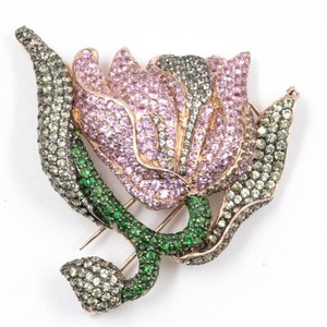 Authentic 17.18ct Tsavorite and Sapphire 925Sterling Silver Rose Gold Plated Flower Brooch