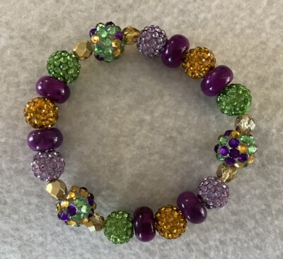 New Orleans Mardi Gras Purple, Green & Gold Bling Stretch Bracelet