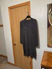 Gap NWT Large Black & Silver Puff Sleeve Metallic Ribbed Mid-Calf Dress