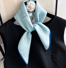 100 Mulberry Silk Scarf Women Blue flower Kerchief Square Bandana Wrap 53X53cm
