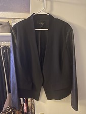 Women’s St. John Black Blazer With Lamb Leather Sleeves. 14 But Fits Like 10