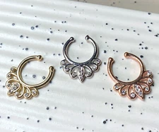 1pc Non-Piercing Filigree w/Gems Septum Hanger Clip-On Fake Nose Ring
