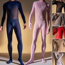 Mens Velvet Sheer Jumpsuit High Full Body Stockings Elastic Bodysuit with Gloves